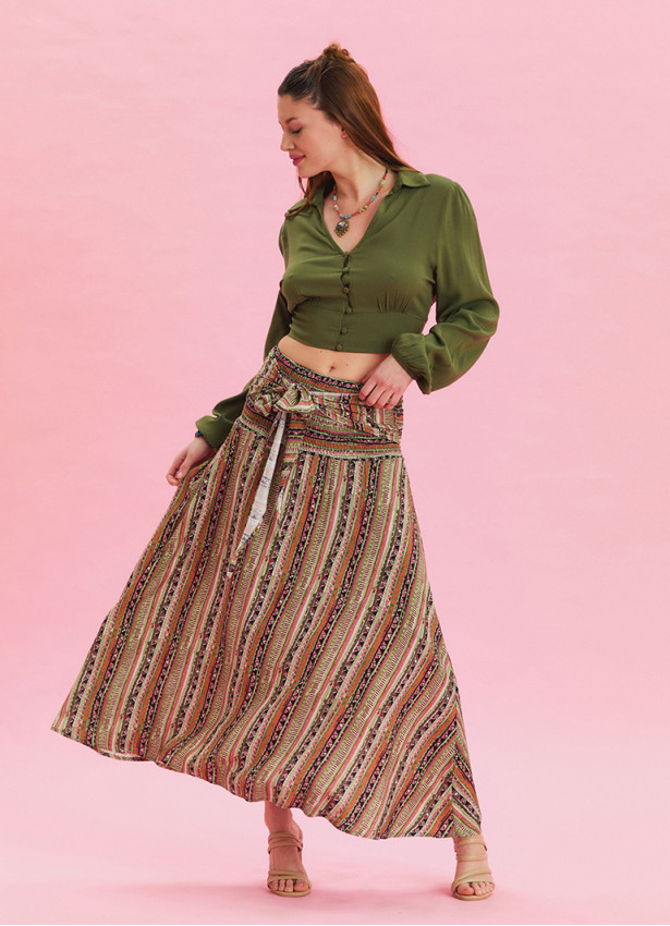 Gipe Waist Tied Khaki Patterned Long Skirt 4496